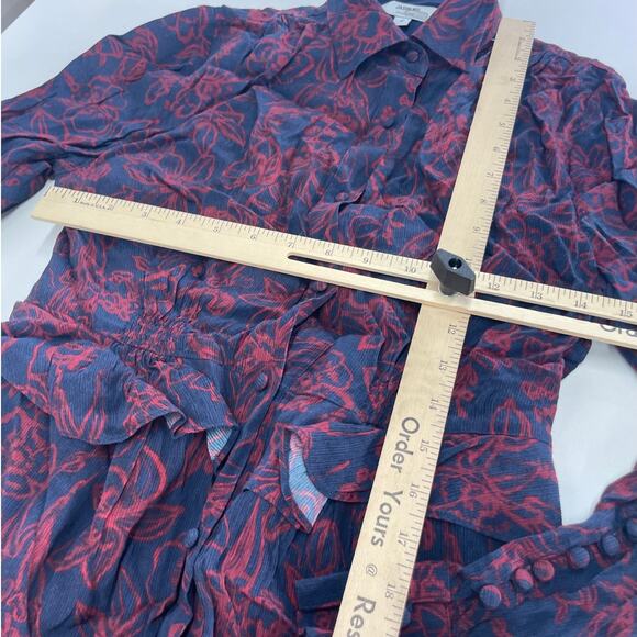 Jason Wu Dress Womens 2 Blue Red Floral Chiffon Shirt Collared Midi Tie Neck - Picture 9 of 11